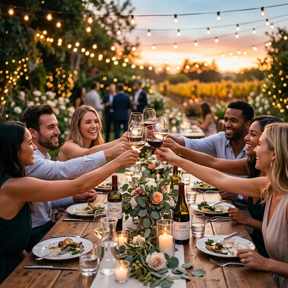 Amigos brindando em uma mesa de festa ao ar livre, com luzes penduradas